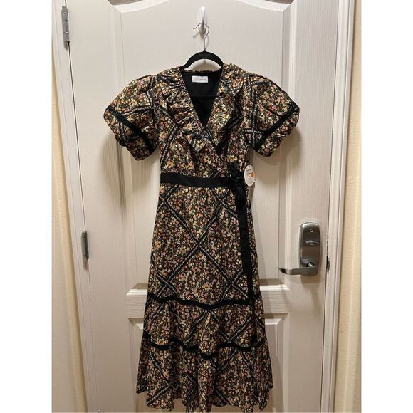 LOST + WANDER Ortensia Floral-Print Wrap Maxi Dress Wine tasting Dress S NWT - Picture 2 of 4